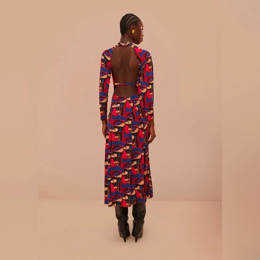 Farm Rio Wild Mushrooms Black Jersey Midi Dress - Picture 7 of 8